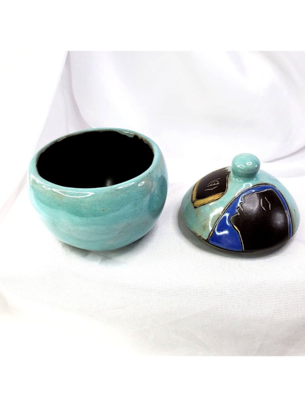 Mara Signed Mex Lidded Sugar Bowl Two Faces Abstract Stoneware Pottery Mexico - Picture 12 of 15